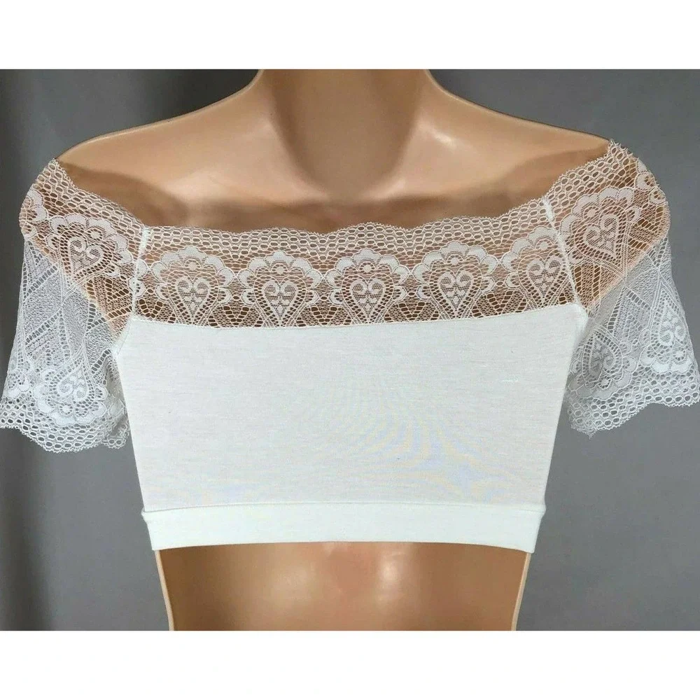 White Soft Bralette with Lace Trim and Sleeves Strapless Off The Shoulder Top OS